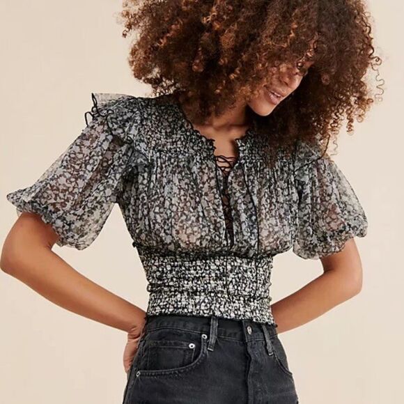 Free People Beatrice Smocked Floral Mesh Semi Sheer Top Size S - Picture 2 of 8